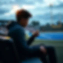 A player sitting on the bench, deep in thought after playing a match, with a sports field in the background.