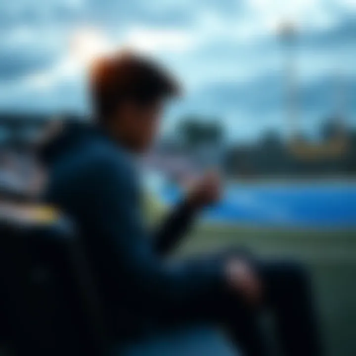 A player sitting on the bench, deep in thought after playing a match, with a sports field in the background.