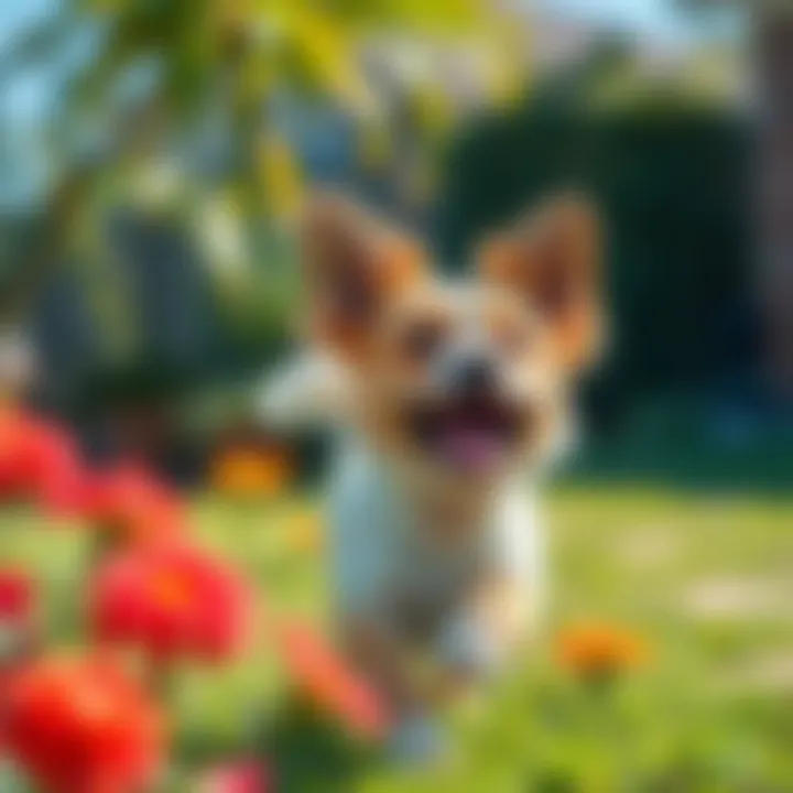 A happy dog with its tail wagging, playing in a sunny yard, surrounded by bright flowers.