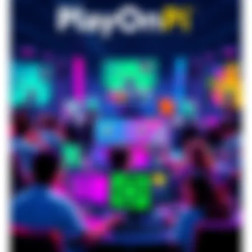 A vibrant scene showcasing players gathered around computers, excitedly testing the new PlayOnPi multiplayer game, with colorful graphics and game elements visible on the screens.