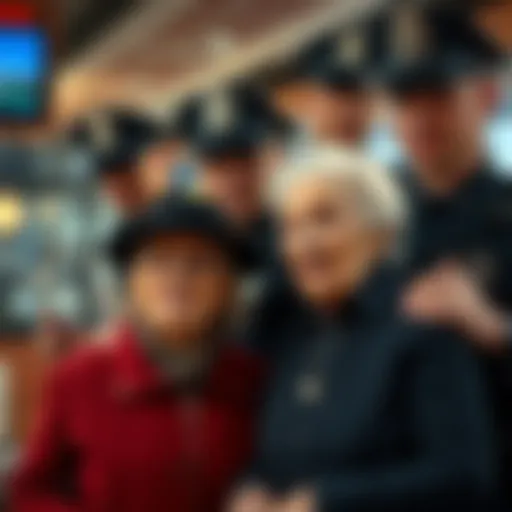 Police officers protecting an elderly woman from a scam involving Bitcoin while she looks relieved
