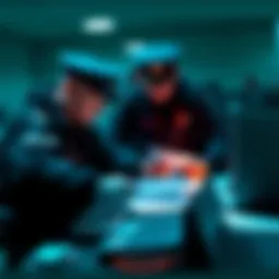 Law enforcement officers examining documents and a laptop for clues on cold wallet passphrases