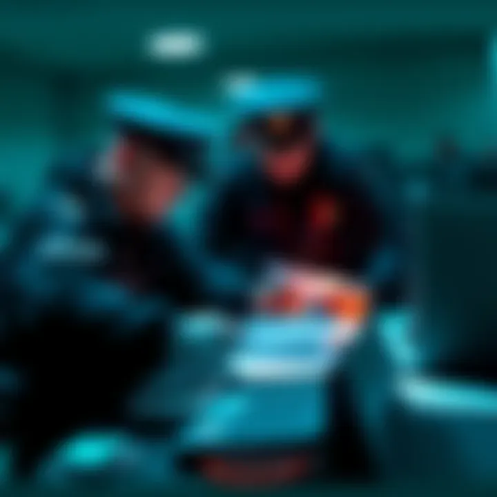 Police searching for wallet passphrases Law enforcement officers examining documents and a laptop for clues on cold wallet passphrases