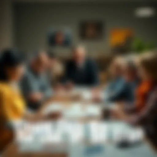 A group of diverse people discussing political changes around a table with newspapers and charts