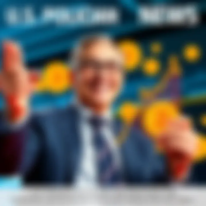 A U.S. politician smiling and holding a stock chart showing a significant increase, with Bitcoin symbols in the background.