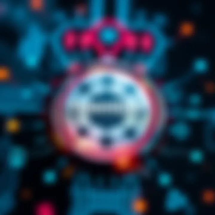 A close-up of the OpenGov button representing Polkadot's new governance initiative, surrounded by digital graphics symbolizing community engagement and blockchain technology.