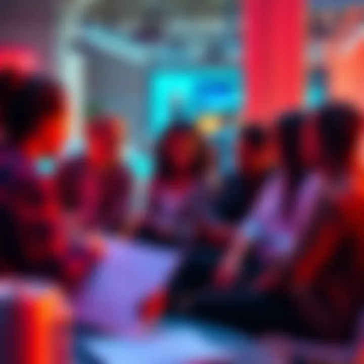 A group of people discussing and reviewing creative portfolios together in a casual setting