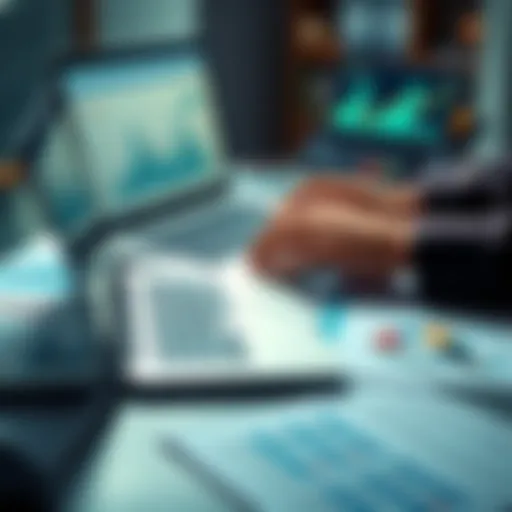A person analyzing financial charts and graphs on a laptop, with documents scattered on a table.