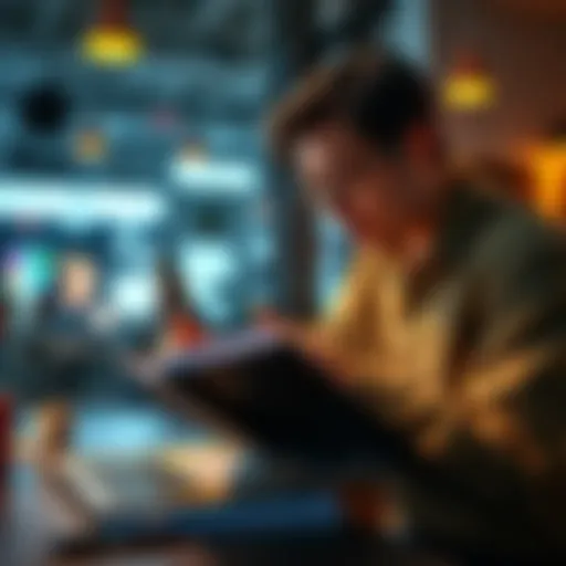 A person examining a portfolio with notes and a laptop, focused on providing feedback