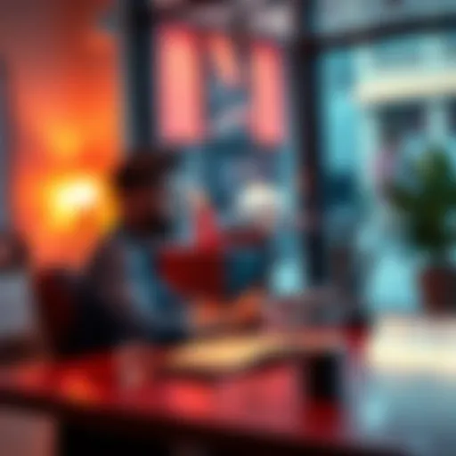 A person sitting at a desk reviewing a portfolio with a laptop open, taking notes and looking thoughtful