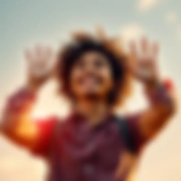 A smiling person looking inspired and optimistic, standing in a bright setting with hands raised to the sky