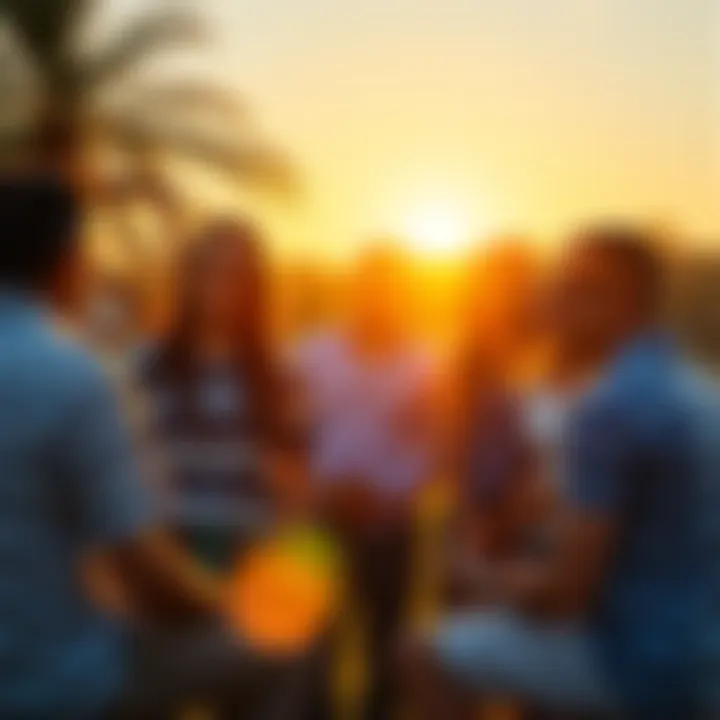 A group of investors discussing $POWSCHE under the summer sun, emphasizing community and long-term growth.