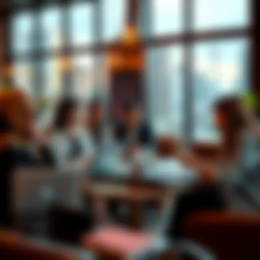 A group of young professionals discussing financial strategies in a trendy café, surrounded by laptops and notepads, with city views in the background.