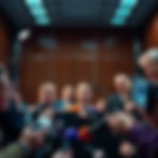 A press conference where reporters are eagerly waiting for answers, microphones up and cameras ready, as tension fills the room.