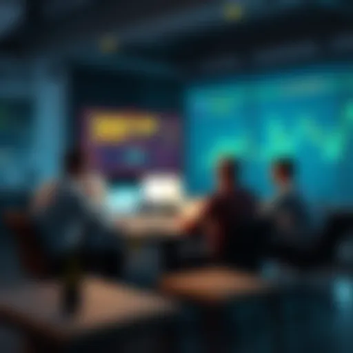 A group of people discussing price predictions at a table with charts and graphs