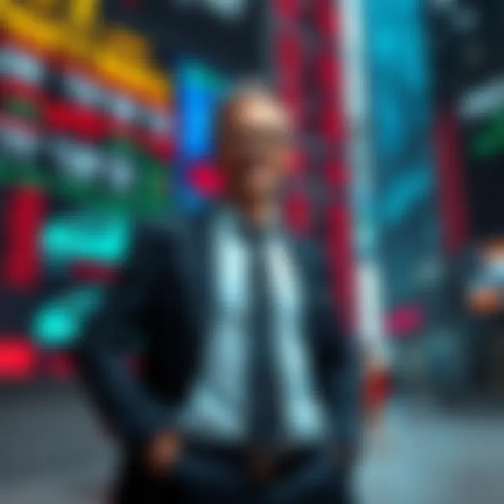 A businessman standing confidently in front of a stock market display showing rising profits amidst gloomy news headlines.