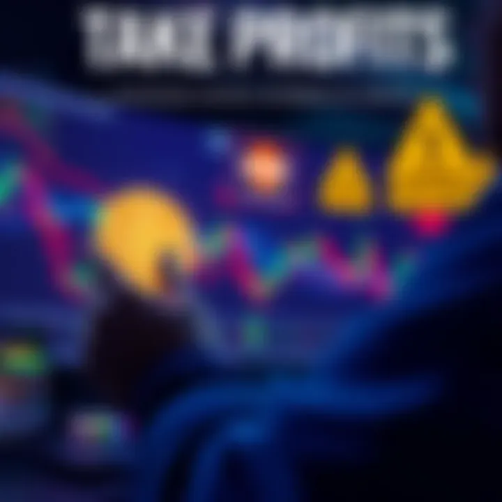 A graphic showing a person analyzing cryptocurrency charts and taking profits, with Bitcoin symbol in view and warning signs for shitcoins in the background.