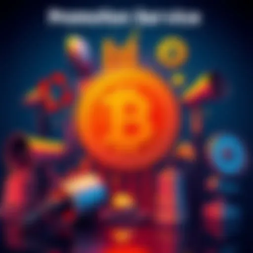 A colorful graphic featuring the Pi cryptocurrency logo alongside marketing tools like megaphones and charts, symbolizing promotional services using cryptocurrency.