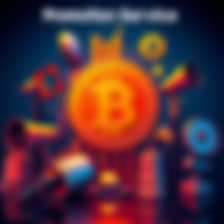 A colorful graphic featuring the Pi cryptocurrency logo alongside marketing tools like megaphones and charts, symbolizing promotional services using cryptocurrency.
