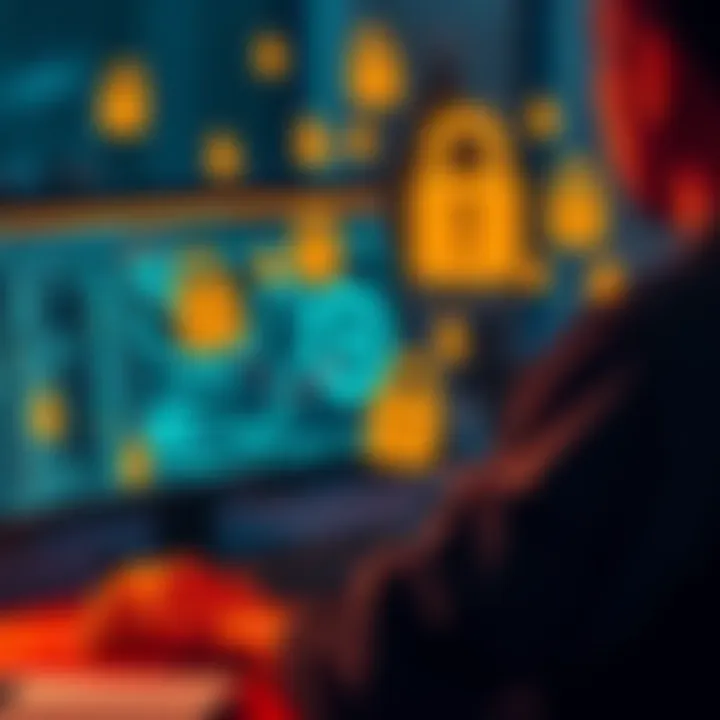 A person securing a cryptocurrency wallet on a computer, illustrating wallet security practices, with digital locks and currency symbols