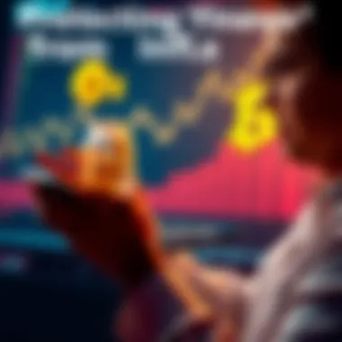 A person analyzing different investment options like stocks, gold, and Bitcoin while holding a calculator, with a graph showing inflation trends in the background.
