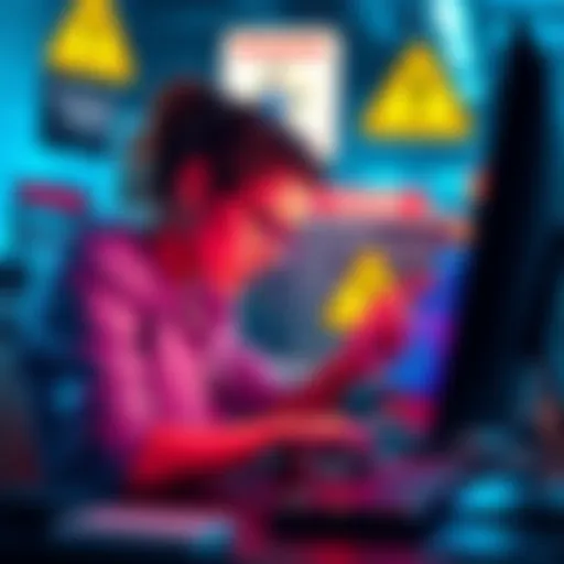 A person analyzing a smart contract on a computer, looking concerned with warning signs in the background.