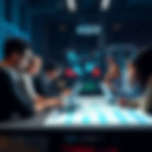 A group of people discussing technology strategies with laptops and charts on the table.