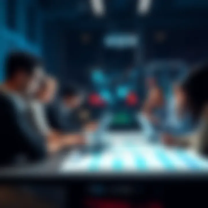 A group of people discussing technology strategies with laptops and charts on the table.