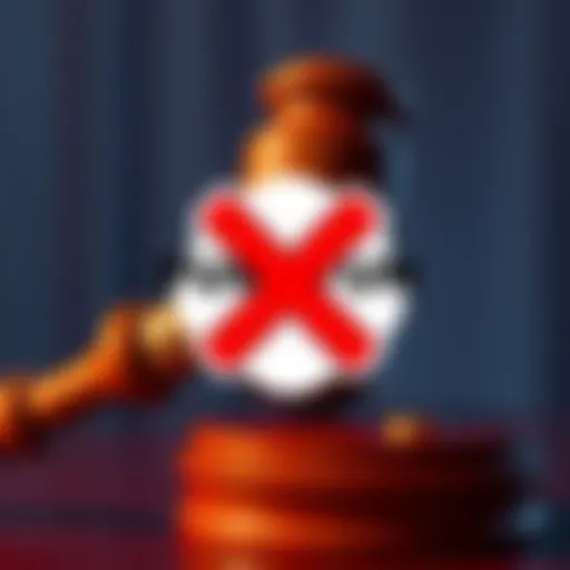A graphic showing a canceled sign over the Pumpfun X logo, symbolizing its account being shut down with a backdrop of a court gavel to represent legal actions.