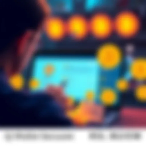 A person examining a laptop screen showing the Q Wallet interface with Bitcoin symbols around, highlighting security features.