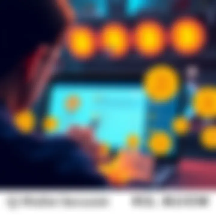 A person examining a laptop screen showing the Q Wallet interface with Bitcoin symbols around, highlighting security features.