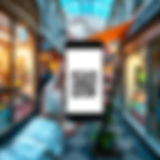 A hand holding a smartphone displaying a QR code with shops in the background, representing new payment methods in Slovenia.