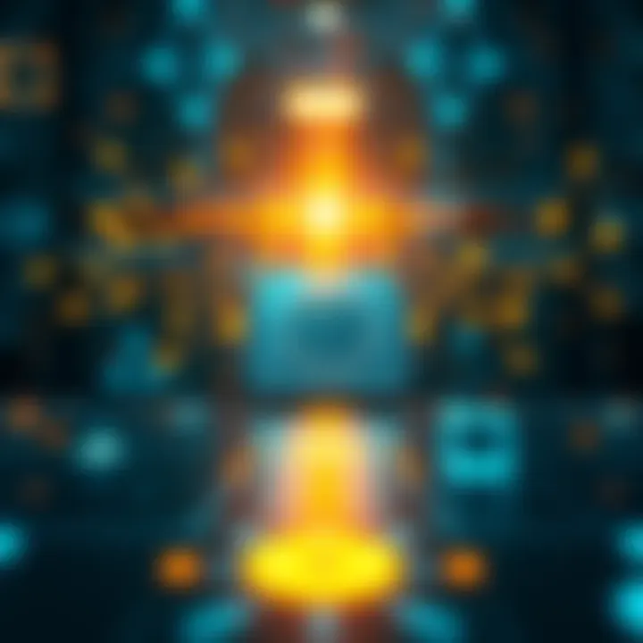A visual representation of quantum computing impacting blockchain technology, featuring a blockchain network and quantum symbols.