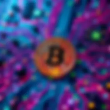 A digital representation of quantum computing threatening cryptocurrency, with colorful quantum circuits surrounding a Bitcoin symbol.