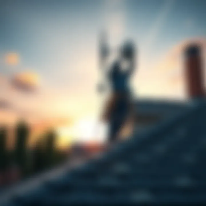 Person securing a Rak 8dbi antenna on the roof of a one-story Texas home