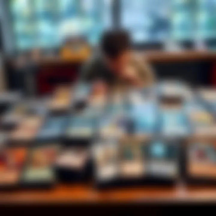 A collection of rare trading cards arranged on a table, showcasing different characters and designs, with a trader examining their potential value, and price tags visible.