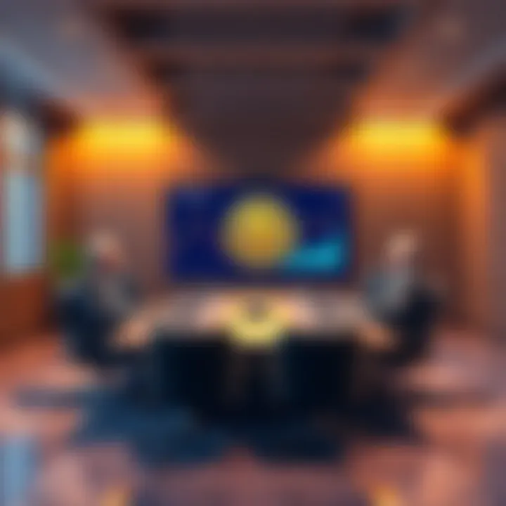 A meeting room with RBA officials discussing Bitcoin and Central Bank Digital Currency, with charts and graphs on a screen in the background.