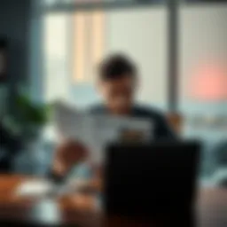 A person sitting at a desk, reviewing a printed copy of the Bitcoin whitepaper with a laptop in the background