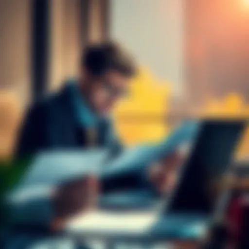 A person looking through documents and a laptop, searching for solutions to recover lost funds from a scam