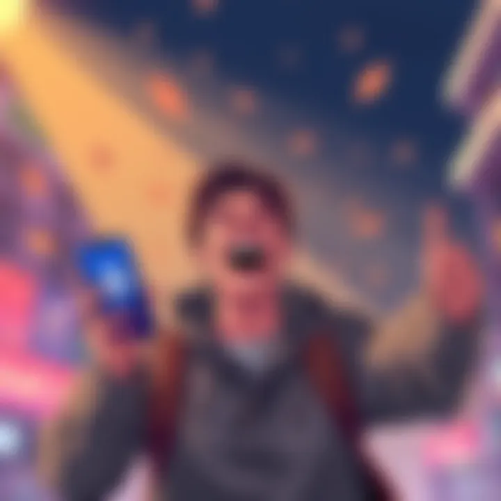 Illustration of a person celebrating after successfully recovering a cryptocurrency transaction sent to the wrong network, showing a phone with a blockchain graphic on the screen, and a relieved expression.