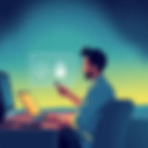 An illustration showing a person setting up a new device with a recovery key, depicting the key validation process, and ensuring secure connection.