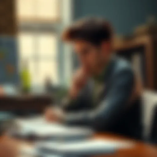 A person sitting at a desk, looking thoughtfully at a stack of old documents, contemplating past choices to shape future actions.
