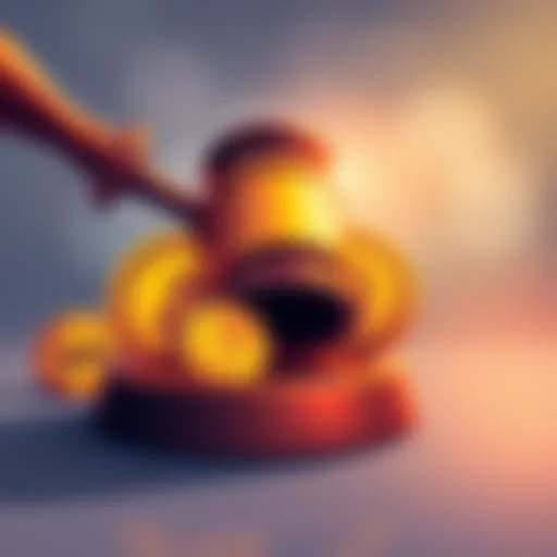 An illustration showing a gavel and stablecoin symbols with caution signs, representing the potential impact of regulations on the stablecoin market.