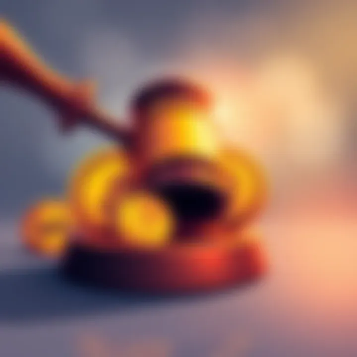 An illustration showing a gavel and stablecoin symbols with caution signs, representing the potential impact of regulations on the stablecoin market.