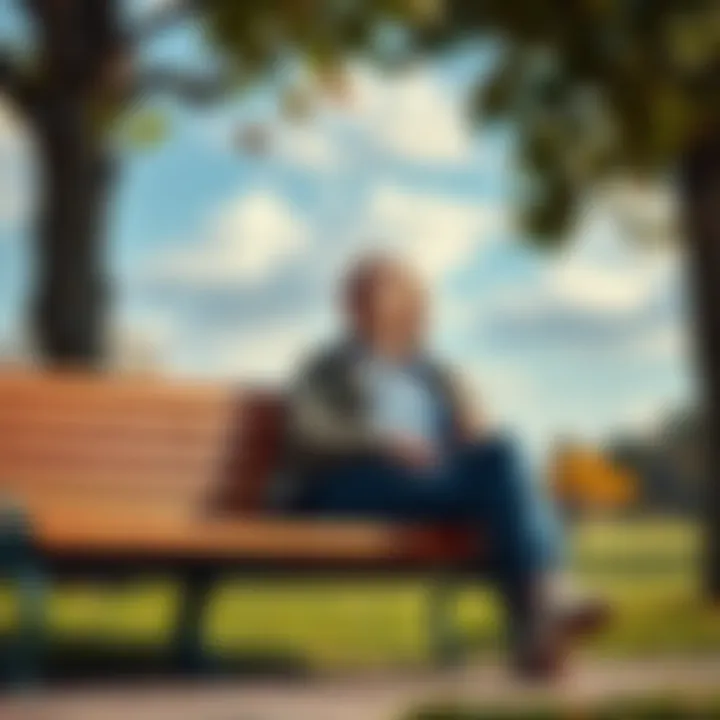 A person sitting on a park bench, smiling and looking at the sky, to symbolize focusing on life over Bitcoin prices.