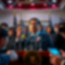 Rep. Robert Garcia holds a press conference demanding answers on Trump's pardon of Changpeng Zhao, surrounded by reporters and cameras.