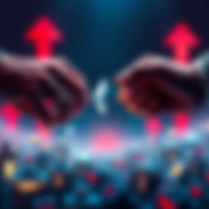 A graphic showing retail Ethereum holders selling assets to larger investors, symbolizing market shifts with upward and downward arrows, emphasizing the changing landscape of Ethereum trading.