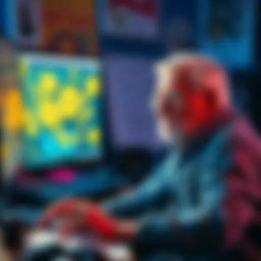 A retired artist looking distressed while sitting in front of a computer with cryptocurrency symbols on the screen