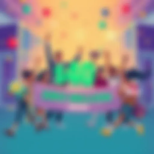 Illustration of people celebrating RetoSwap's $40 million milestone with gifts and a zero fees banner