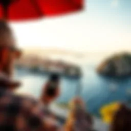 A traveler using their phone with Revolut eSIM while enjoying a scenic view of Montenegro's coastline
